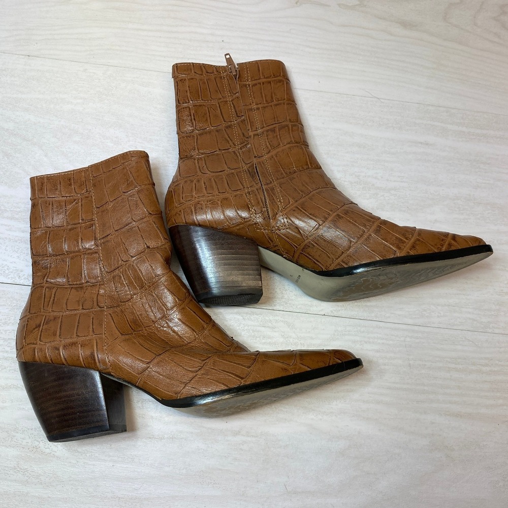 Matisse Womens 7M Caty Ankle Boots Western Pointed Toe Brown Leather Croc Bootie - Picture 2 of 10